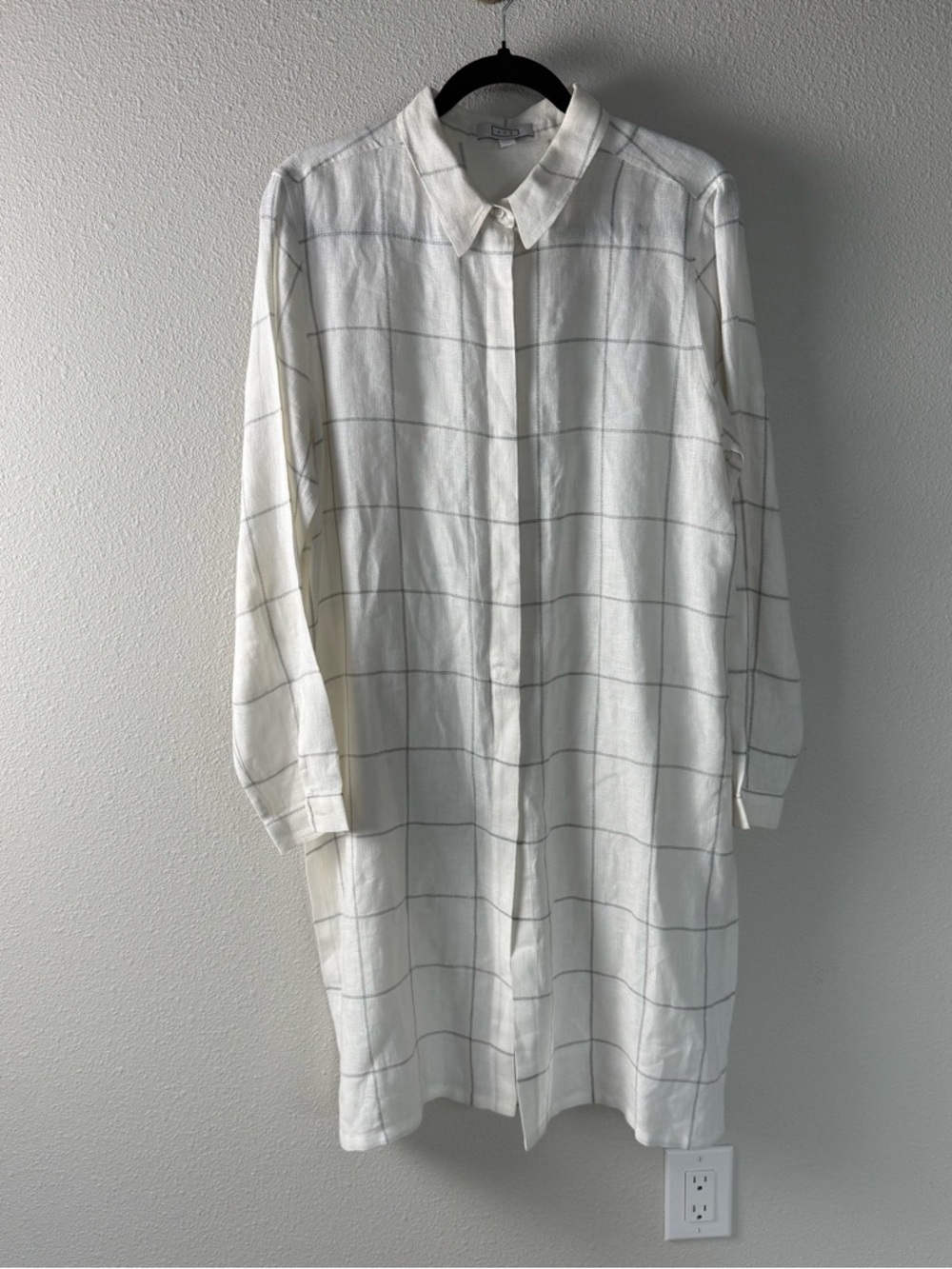 AYR Long Sleeve Linen Grid Print Button Down Dress White Casual Boho Women’s XL